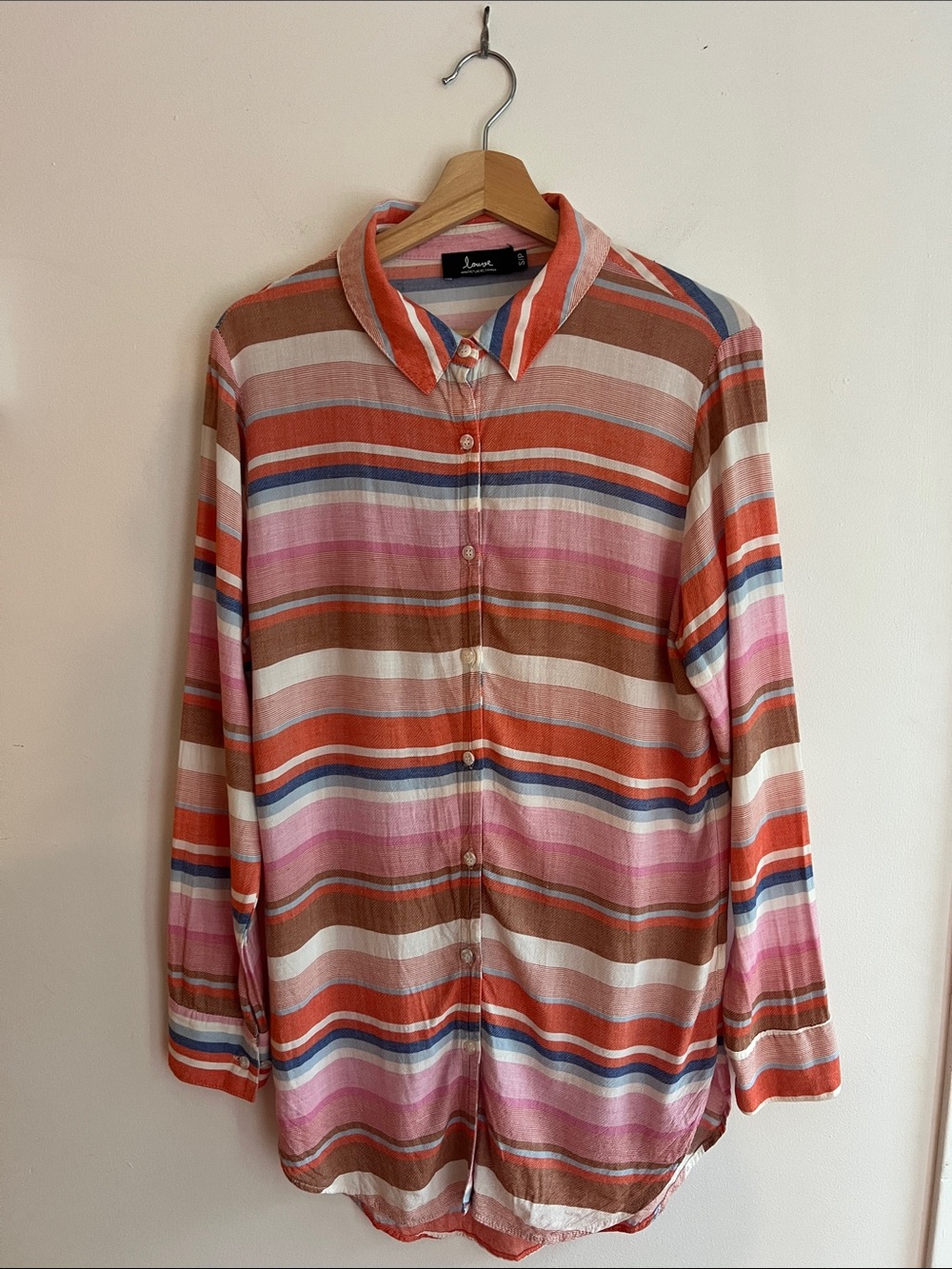 Louve Boho Striped Button-Down Shirt in Orange & Pink - Lightweight Everyday Top